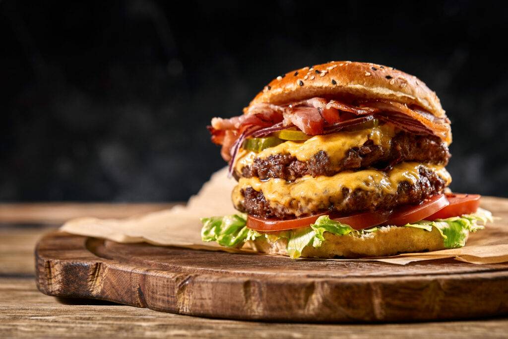 juicy american burger hamburger or cheeseburger with two beef patties
