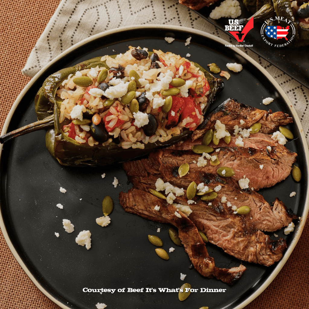 lime marinated flank steak with stuffed poblano peppers